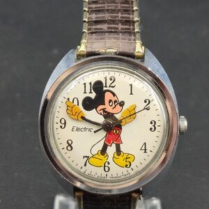 Timex Mickey Mouse Watch with White Dial and Brown Strap